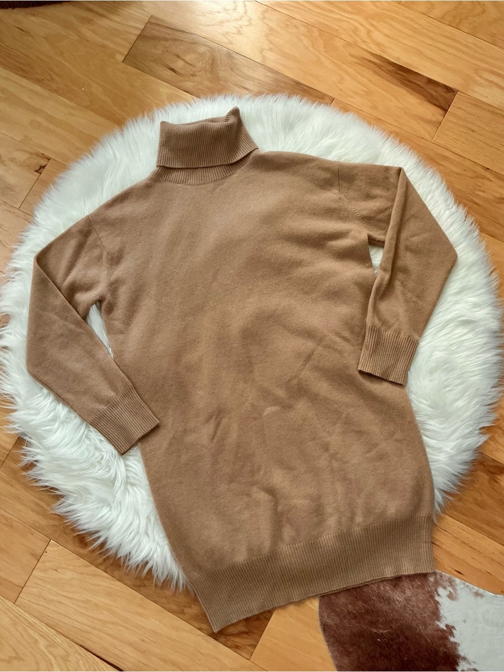 NAADAM Cashmere Camel Signature Long Sleeve Turtleneck Sweater Midi Dress
